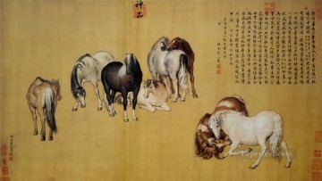  horses Oil Painting - Lang shining eight horses antique Chinese
